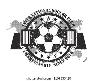 Abstract grunge football badge with world map and scratch dust particle elements . Flat design . Vector for international world championship tournament cup 2018 .