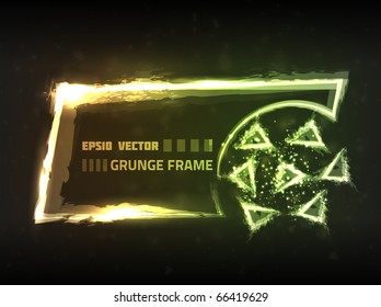 Abstract grunge frame design on dark background. Has bright lights, blurry energy particles and grungy triangle shapes.