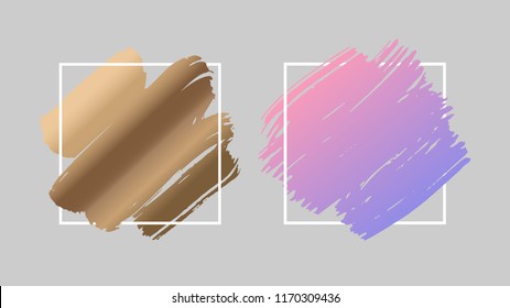 Abstract grunge geometric background template. Gold and pink pastel gradient brush strokes over square frame.