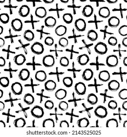 Abstract grunge geometric pattern with crosses and circles. Hand drawn vector monochrome texture with crosses or pluses. Black brush strokes with monochrome texture. Trendy graphic design.