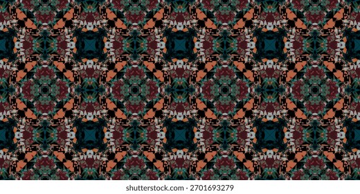 
Abstrakter geometrischer, kachelbarer Hintergrund von Grunge. nahtlose Kunst. Ethnische Tribal Ornamental Hintergrund. Dunkle Jewel-getönte Mosaik nahtlose Muster. Luxuriöses mittelalterliches oder gotisches Textildesign
