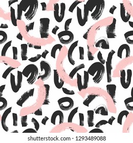 Abstract Grunge Graffiti Seamless Pattern with Art brush Strokes , Black White and Pink . Ink drawing Creative illustration for Surface , Invitation , Notebook, Banner , Wrap Paper