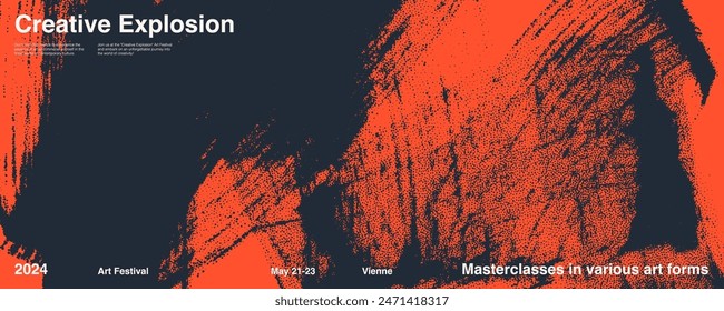 Abstract grunge grainy texture banner with typography. Poster or template with dark grainy texture on bright orange background. Noise halftone. Distressed retro background. Stipple sand effect. 