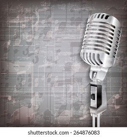 abstract grunge gray music background with retro microphone