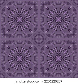 Abstract grunge greek seamless pattern. Violet floral vector background. Textured repeat plaid tartan backdrop. Endless texture. Lines geometric shapes, squares, rhombus, flowers, frames, borders.