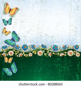 abstract grunge green background with butterflies and flowers