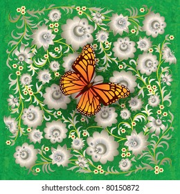 abstract grunge green background with butterfly and white flowers