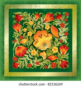 abstract grunge green background with gold floral ornament