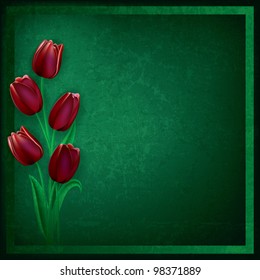 abstract grunge green background with red tulips