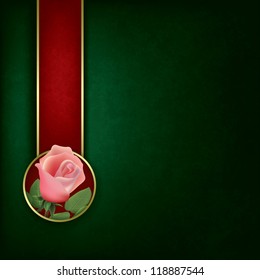 abstract grunge green background with rose and red ribbon