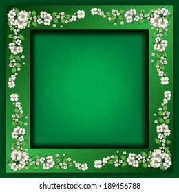 abstract grunge green background with spring white flowers