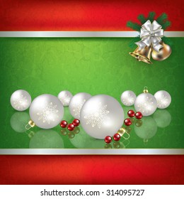 Abstract grunge green background with white Christmas decorations and hand bells