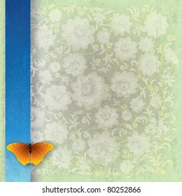 abstract grunge green background with yellow butterfly and flowers