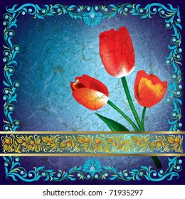 abstract grunge greeting with red tulips on blue background