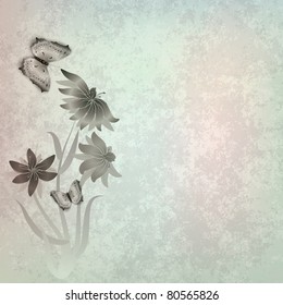abstract grunge grey background with butterflies and flowers