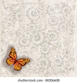 abstract grunge grey background with butterfly and flowers