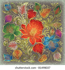 abstract grunge grey background with color floral ornament