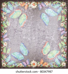 abstract grunge grey background with floral ornament and butterflies
