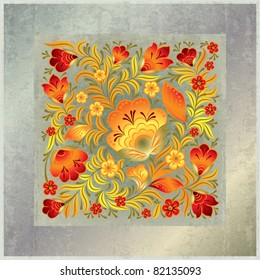 abstract grunge grey background with red floral ornament
