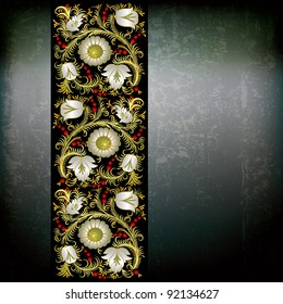 abstract grunge grey background with spring floral ornament on black