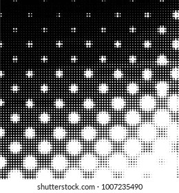 Abstract grunge grid polka dot halftone background pattern. Spotted black and white vector line illustration
