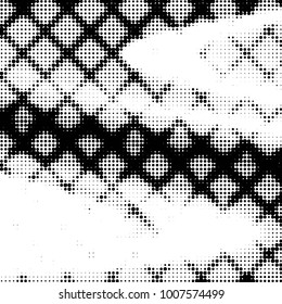 Abstract grunge grid polka dot halftone background pattern. Spotted black and white line illustration
