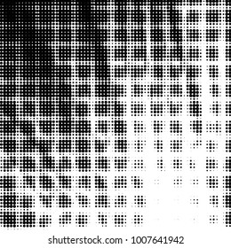 Abstract grunge grid polka dot halftone background pattern. Spotted black and white line illustration
