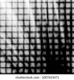 Abstract grunge grid polka dot halftone background pattern. Spotted black and white line illustration
