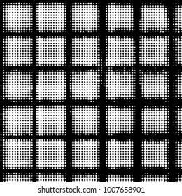 Abstract grunge grid polka dot halftone background pattern. Spotted black and white line illustration
