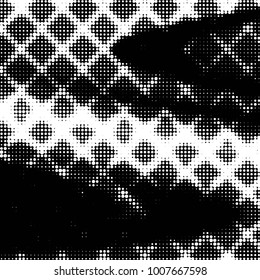 Abstract grunge grid polka dot halftone background pattern. Spotted black and white line illustration
