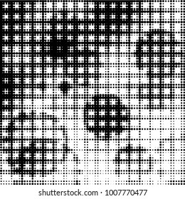 Abstract grunge grid polka dot halftone background pattern. Spotted black and white vector line illustration
