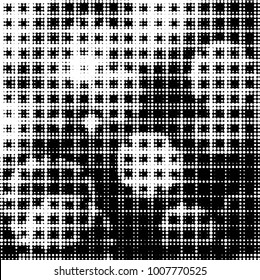 Abstract grunge grid polka dot halftone background pattern. Spotted black and white vector line illustration
