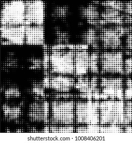 Abstract grunge grid polka dot halftone background pattern. Spotted black and white vector line illustration
