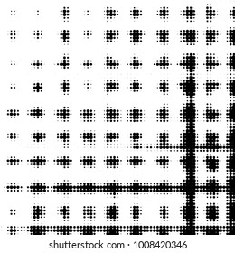 Abstract grunge grid polka dot halftone background pattern. Spotted black and white vector line illustration
