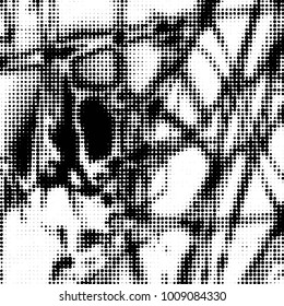 Abstract grunge grid polka dot halftone background pattern. Spotted black and white vector line illustration
