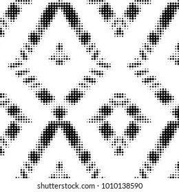 Abstract grunge grid polka dot halftone background pattern. Spotted black and white vector line illustration
