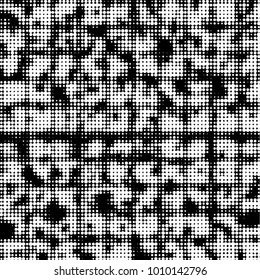 Abstract grunge grid polka dot halftone background pattern. Spotted black and white vector line illustration
