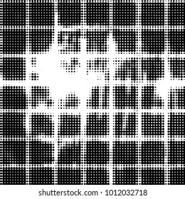 Abstract grunge grid polka dot halftone background pattern. Spotted black and white vector line illustration
