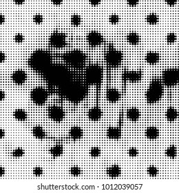 Abstract grunge grid polka dot halftone background pattern. Spotted black and white vector line illustration
