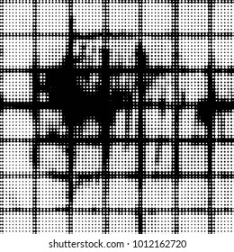 Abstract grunge grid polka dot halftone background pattern. Spotted black and white vector line illustration
