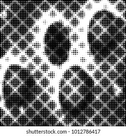 Abstract grunge grid polka dot halftone background pattern. Spotted black and white vector line illustration
