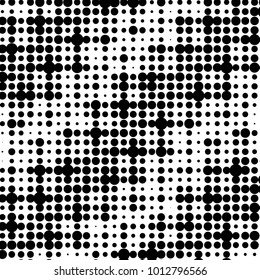 Abstract grunge grid polka dot halftone background pattern. Spotted black and white vector line illustration
