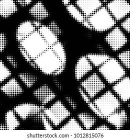 Abstract grunge grid polka dot halftone background pattern. Spotted black and white vector line illustration
