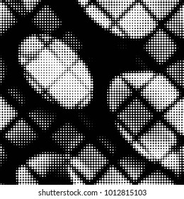 Abstract grunge grid polka dot halftone background pattern. Spotted black and white vector line illustration
