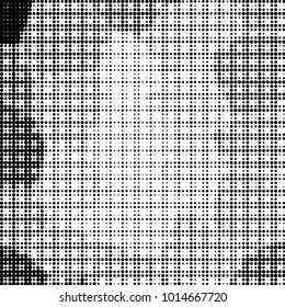 Abstract grunge grid polka dot halftone background pattern. Spotted black and white vector line illustration
