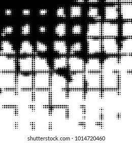 Abstract grunge grid polka dot halftone background pattern. Spotted black and white vector line illustration
