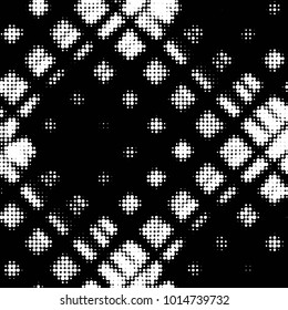 Abstract grunge grid polka dot halftone background pattern. Spotted black and white vector line illustration
