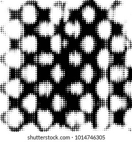 Abstract grunge grid polka dot halftone background pattern. Spotted black and white vector line illustration
