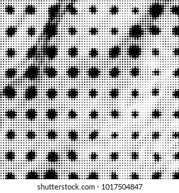 Abstract grunge grid polka dot halftone background pattern. Spotted black and white vector line illustration
