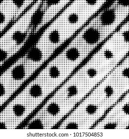 Abstract grunge grid polka dot halftone background pattern. Spotted black and white vector line illustration
